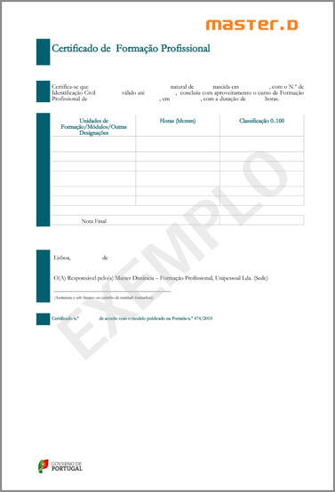 Certificado do curso de pastelaria